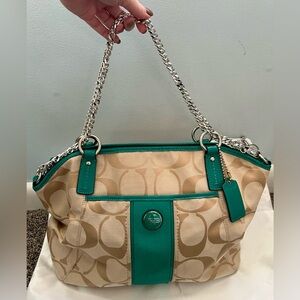 Coach Signature Stripe Pocket Tote (COACH F21899)
Silver/LT Khaki/Bright Jade